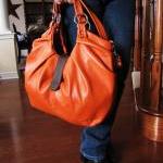 Large Orange Leather Bag, Pleated Purse. Boston..