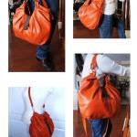 Large Orange Leather Bag, Pleated Purse. Boston..