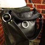 Black leather bag, fold over tote -..