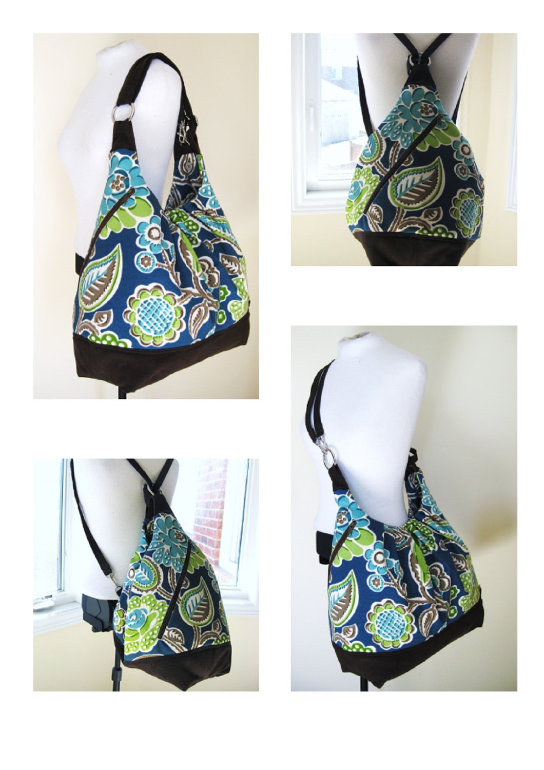 Blue Floral Canvas Bag With Leather Straps, Base, & Zipper Top Closure XL Convertible Backpack P ...