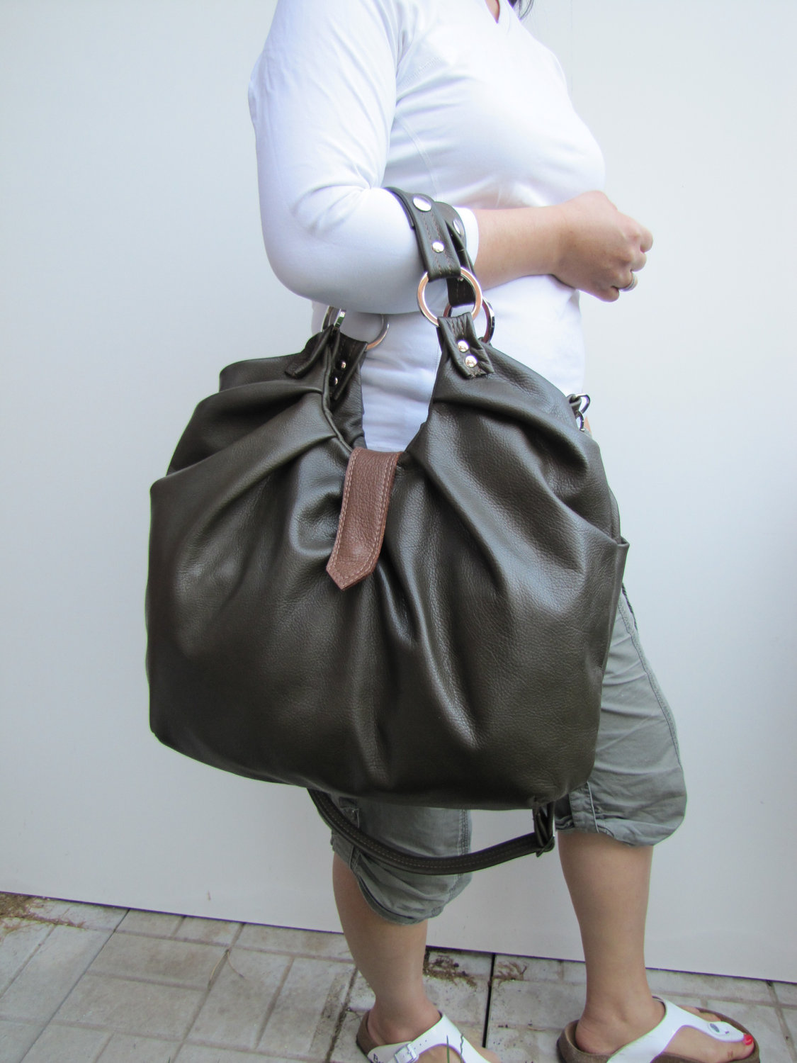 Olive Green Accented With Tan Leather Bag, Large Pleated Convertible Purse