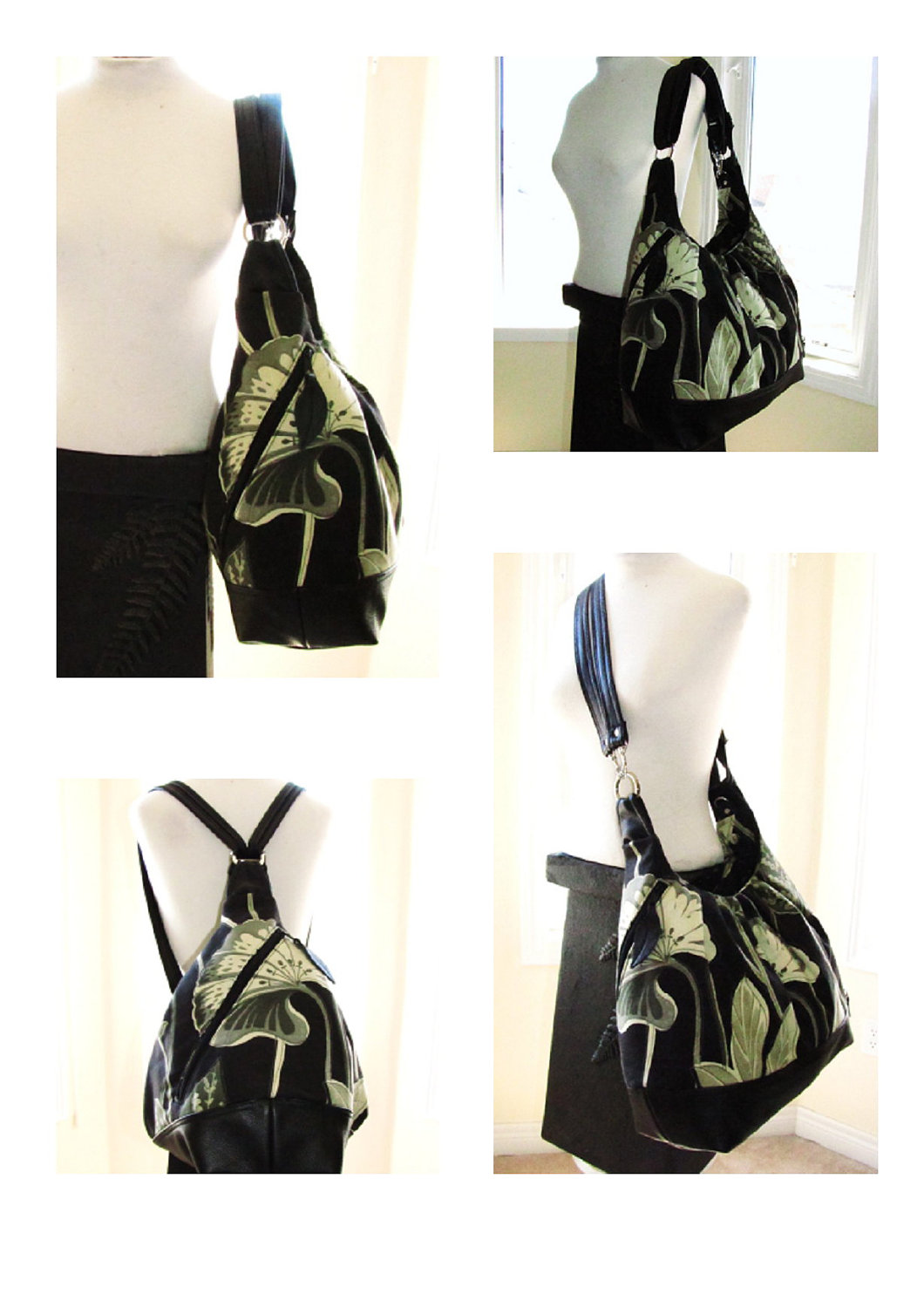 Extra Large Diaper Bag/ Convertible Backpack Canvas With Leather Straps & Bottom/Black Floral ...