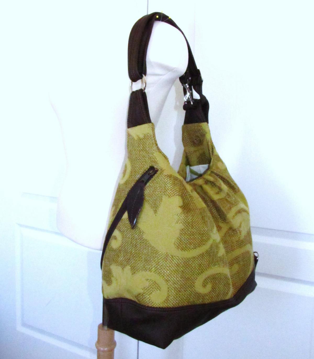 Green/gold Vines Canvas Convertible Bag With Leather Straps, Bottom, And Zipper Top Closure
