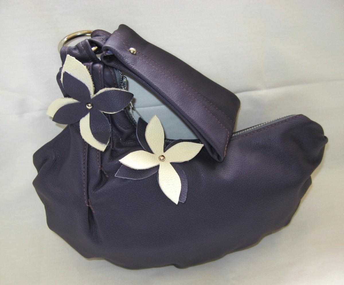 Purple Leather Wristlet With Cream And Purple Flower Applique