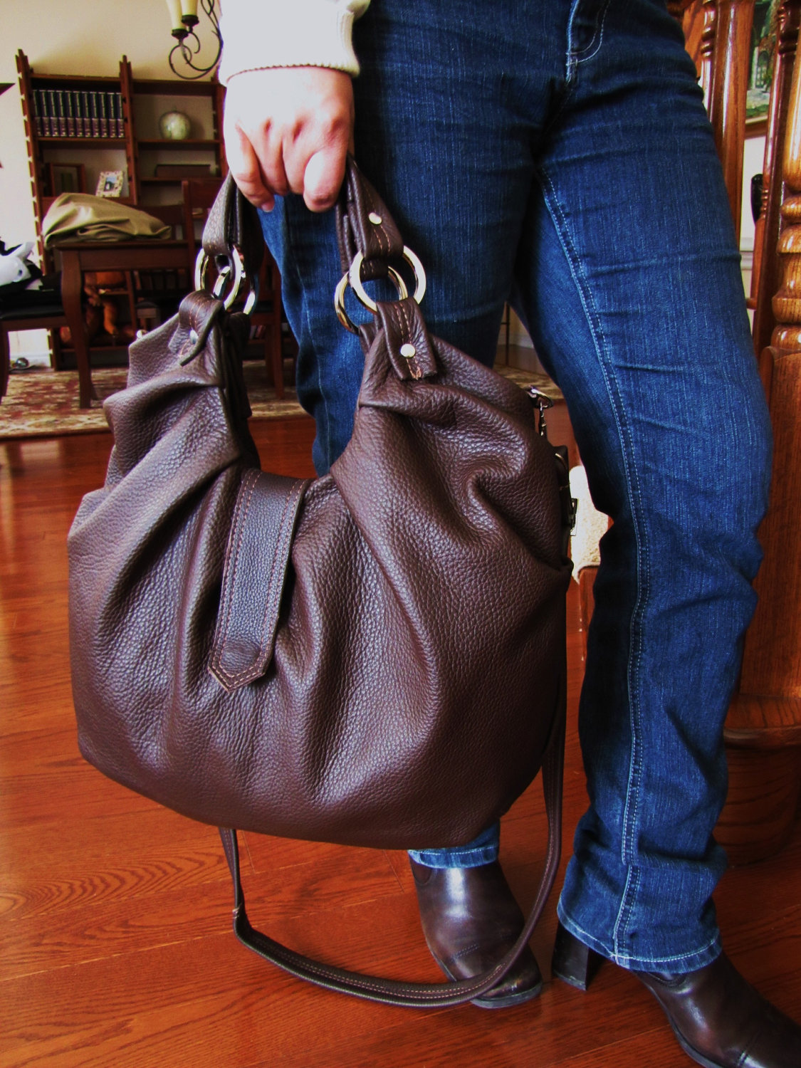 Dark brown leather satchel, Large pleated bag, convertible messenger, backpack purse, shoulder tote, handheld bag - Chocolate Brownie