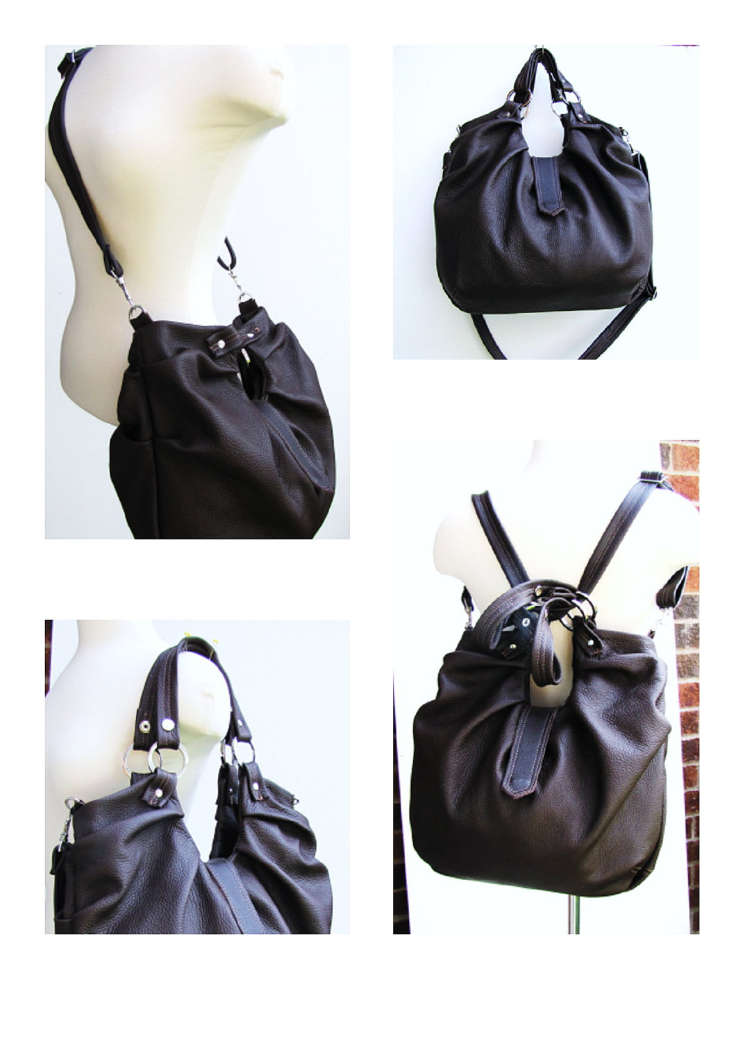 Dark Brown Leather Satchel, Large Pleated Bag, Convertible Messenger ...