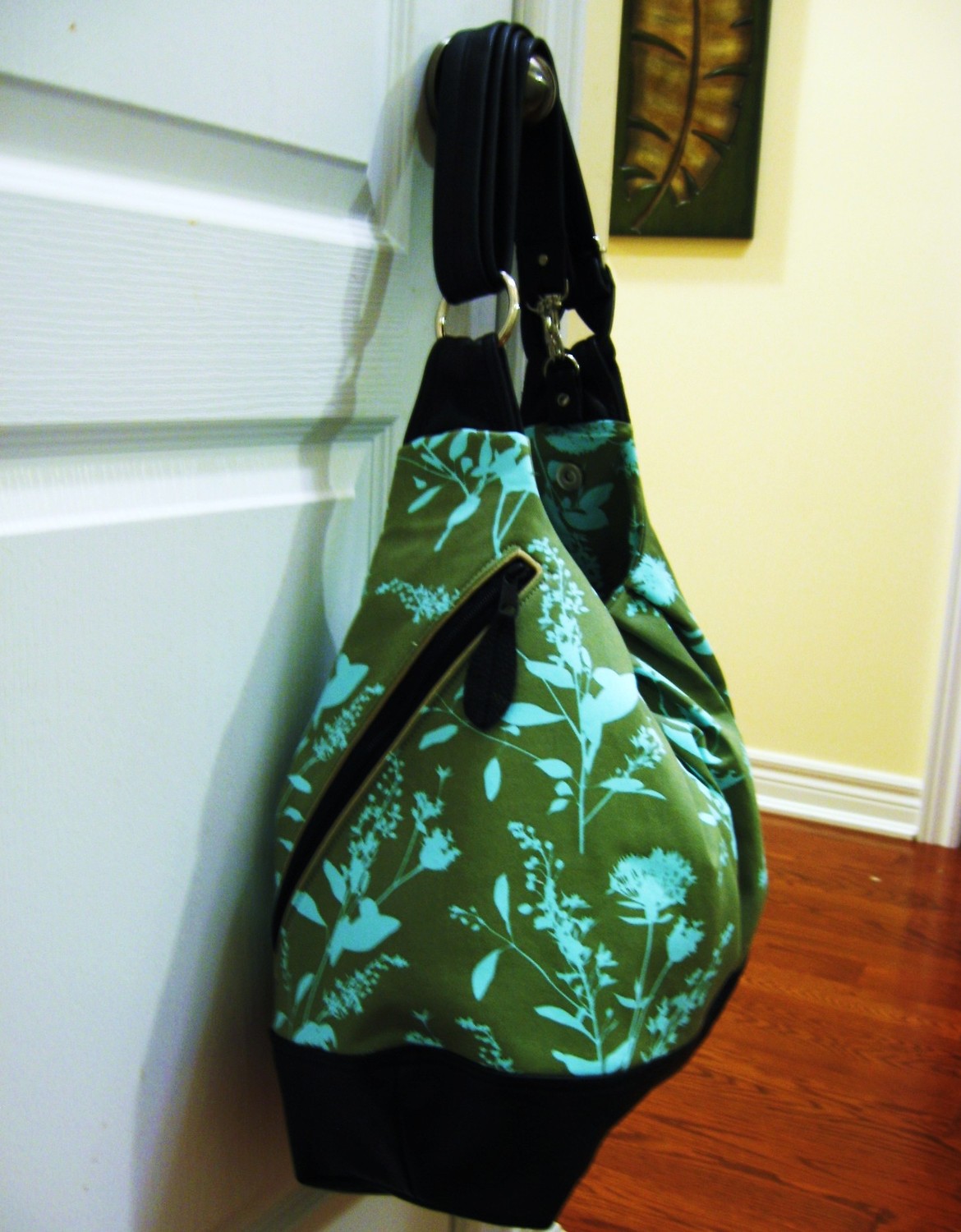 XL convertible cross body bag with leather straps, zipper top closure, and bottom - Sage green wildflower