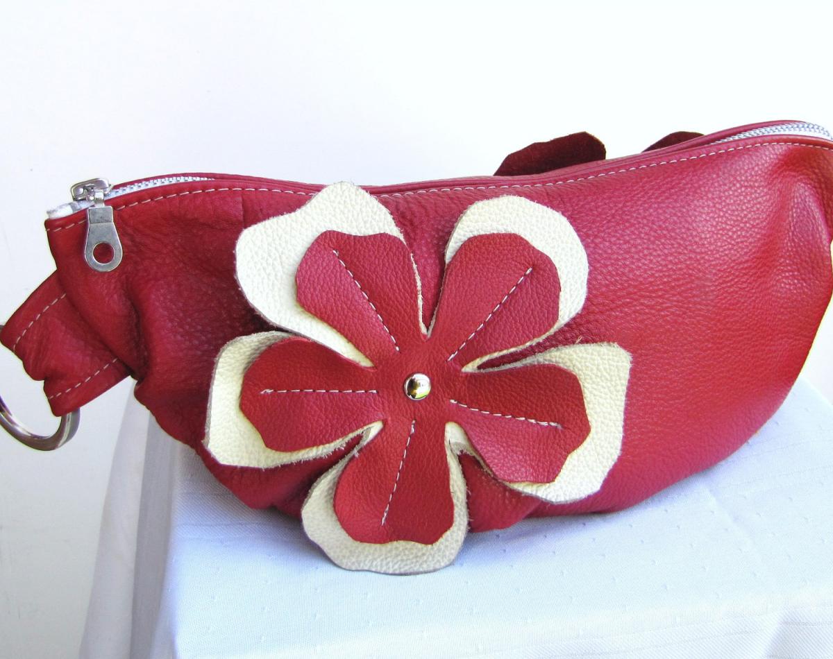 Red Leather clutch with flower appliques - Watermelon