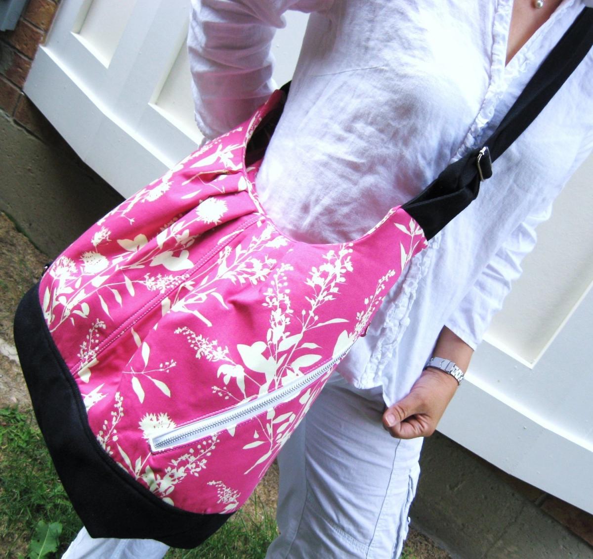 Pink Floral Cotton Bag Convertible Backpack / Messenger / Tote - Pink Wildflower