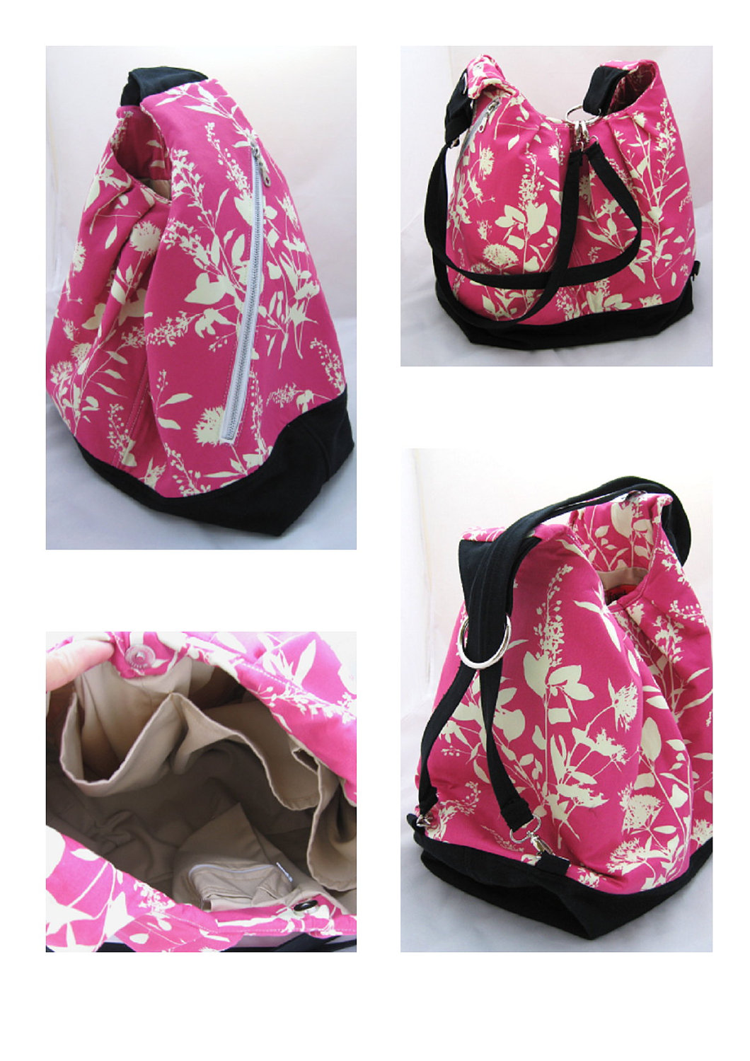Pink Floral Cotton Bag Convertible Backpack / Messenger / Tote - Pink Wildflower on Luulla