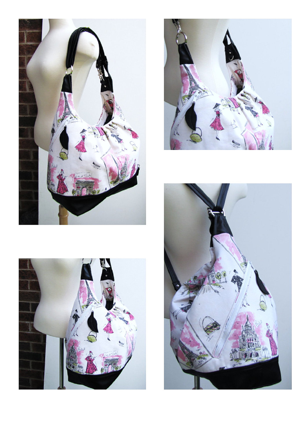 Extra large pink cotton bag with leather straps, base, zipper top closure - Paris fashion prints