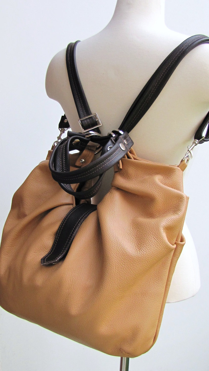 Large Leather Bag, Pleated, Convertible Purse - Vanilla & Chocolate