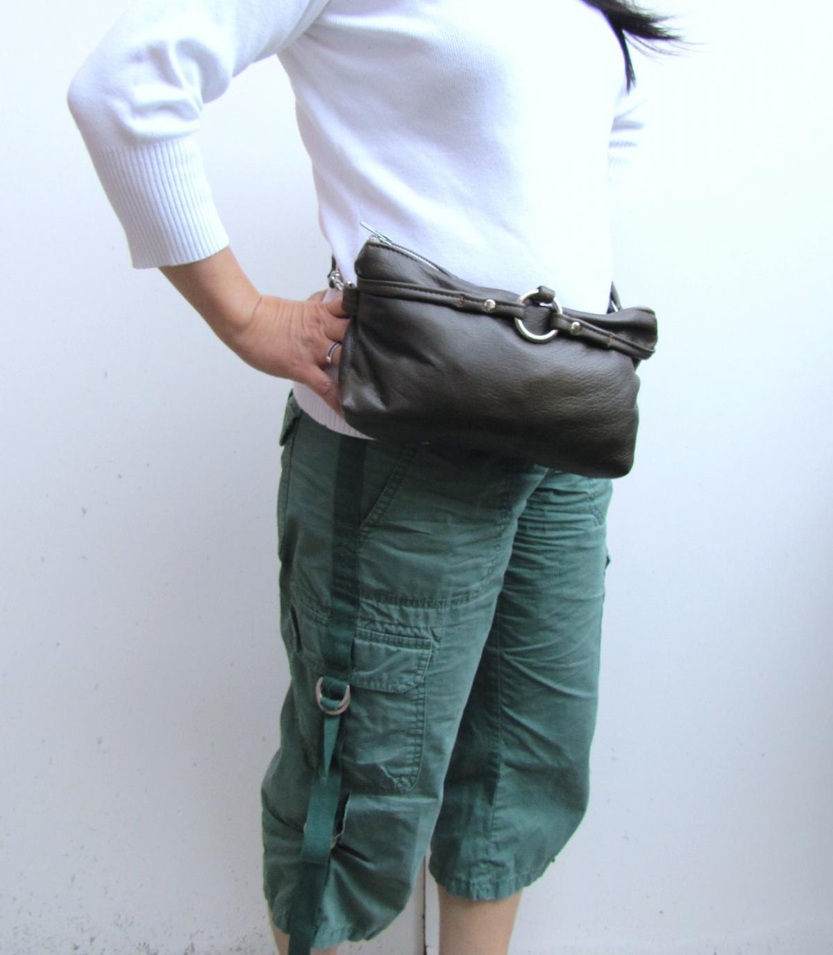 Fanny Pack Leather - Olive green hand-free waist pouch