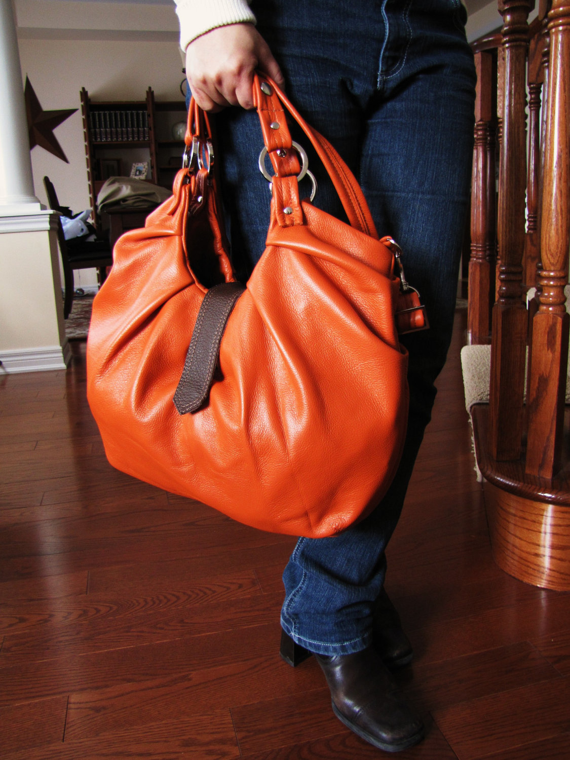 Large orange leather bag, pleated purse. Boston bag, convertible backpack purse - Tangerine Tango