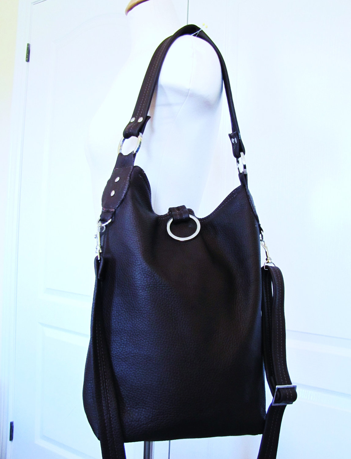 Brown Leather Slim Purse, Fold Over Tote Bag, Large Size, 3 Way Slouchy Bag - Chocolate