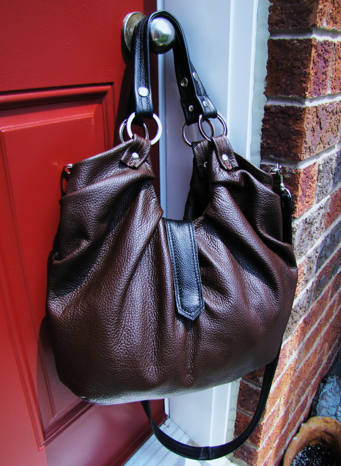 Large dark brown Leather purse, convertible backpack, messenger, shoulder bag - Brownie