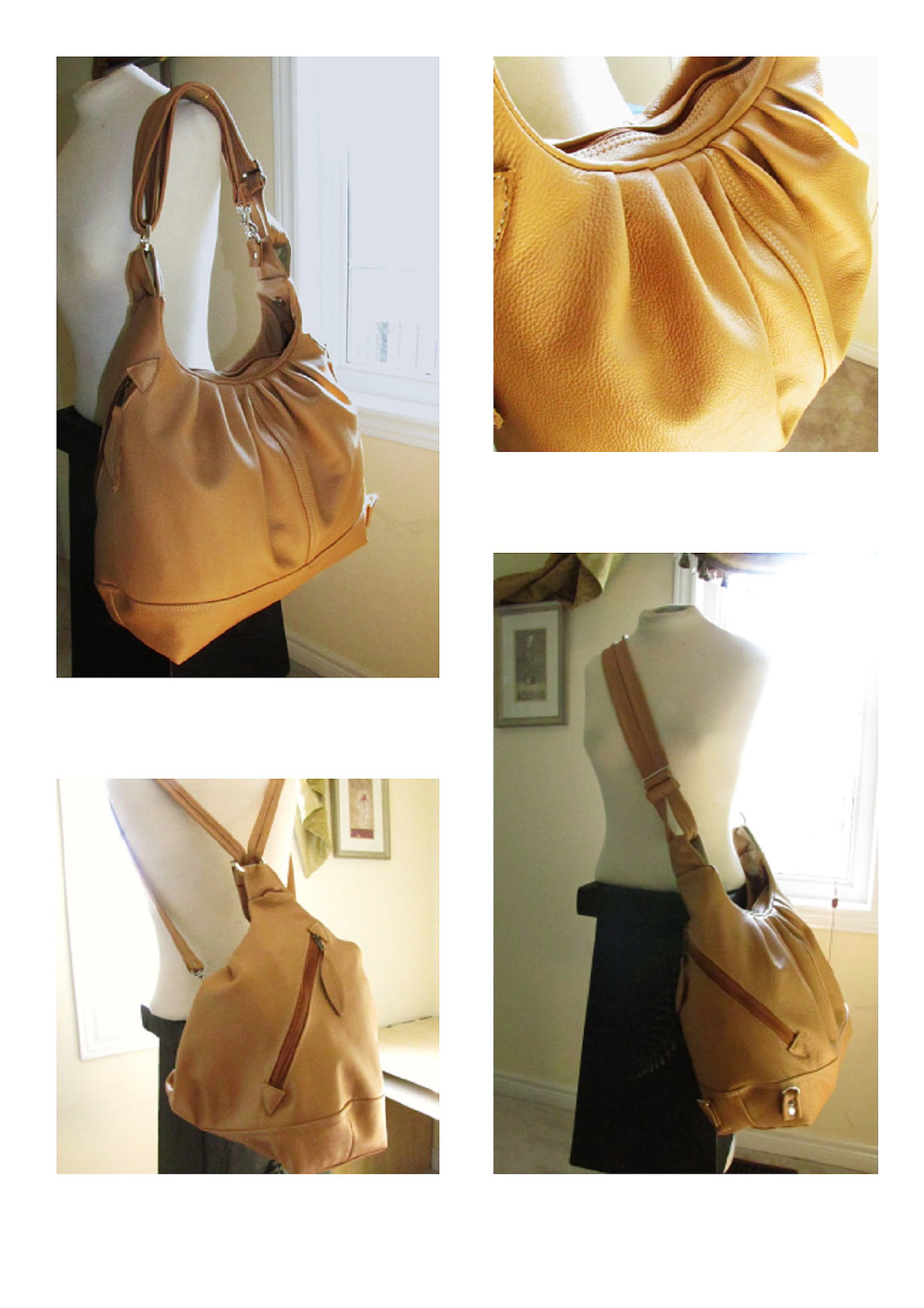 Large beige leather bag, convertible backpack, messenger, shoulder tote, laptop diaper bag - Vanilla