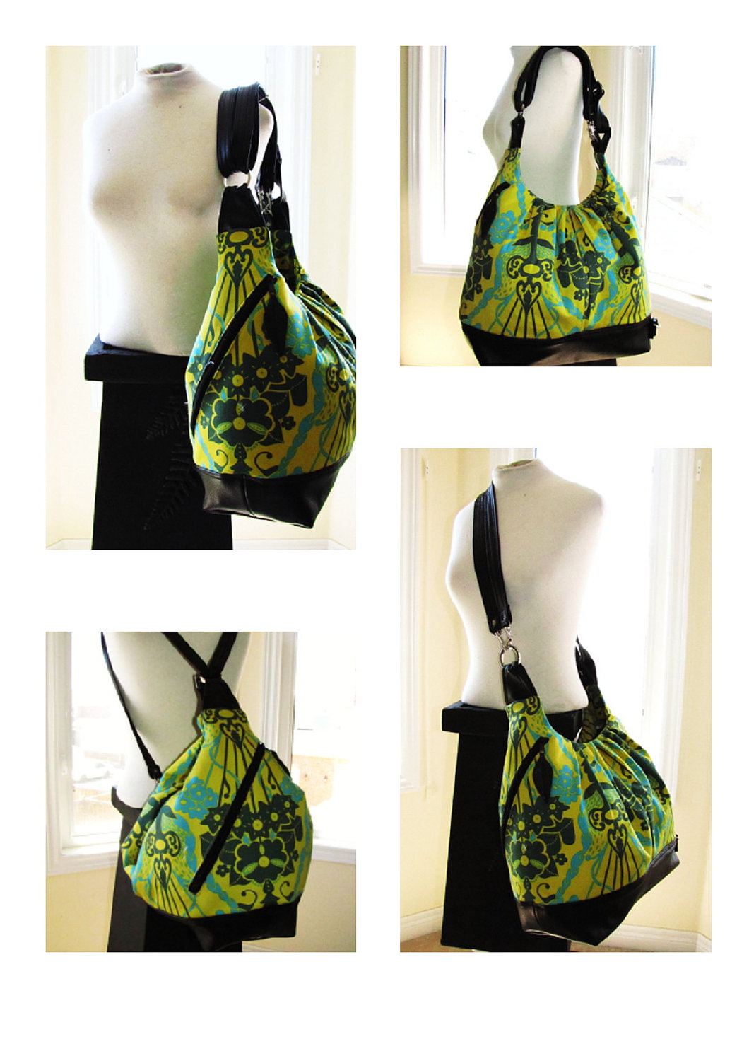 Extra Large Convertible Backpack Purse In Bouquet Green Turquoise Fabric With Leather Straps And Base