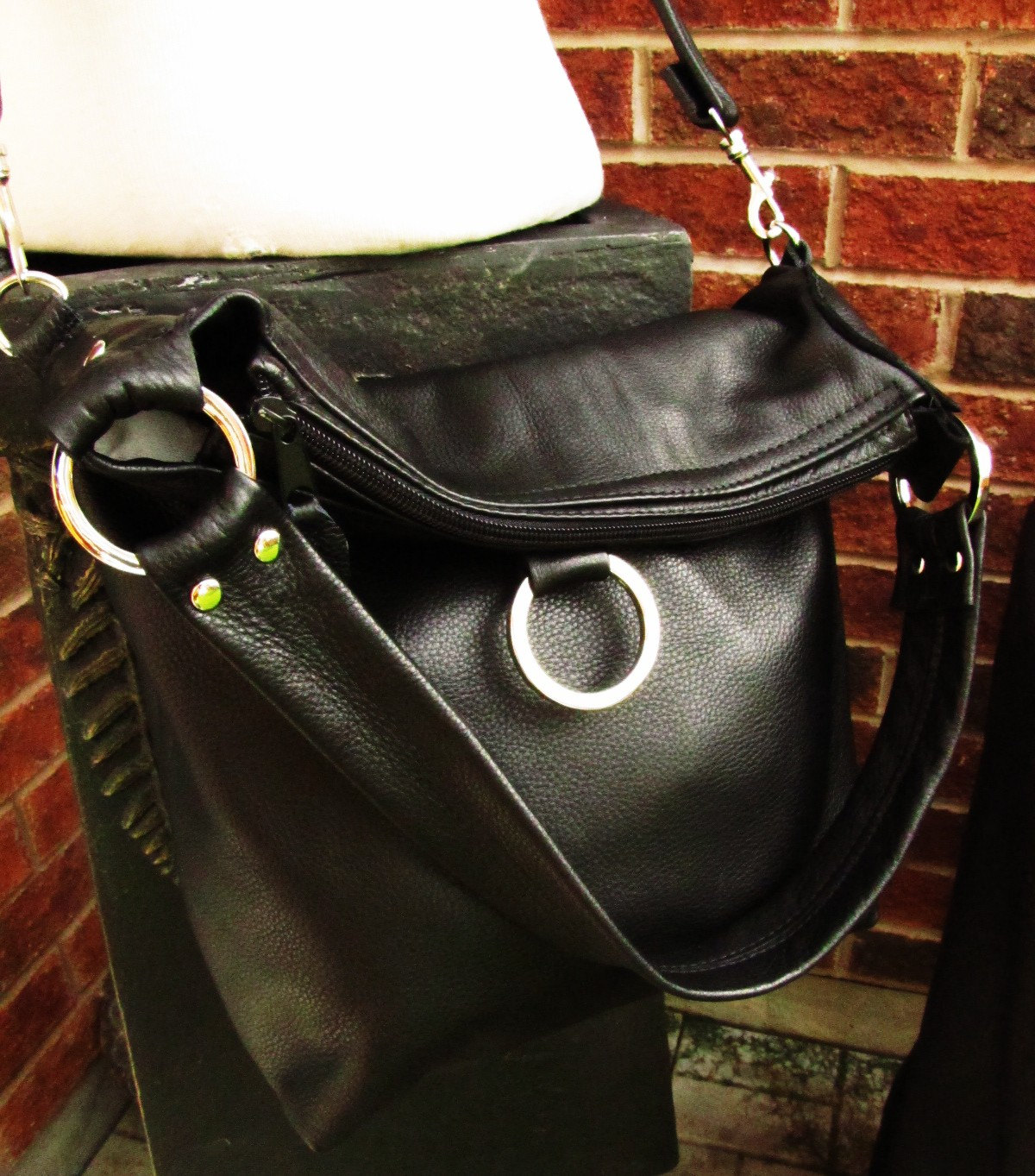 Black leather bag, fold over tote - Large 3 way convertible purse