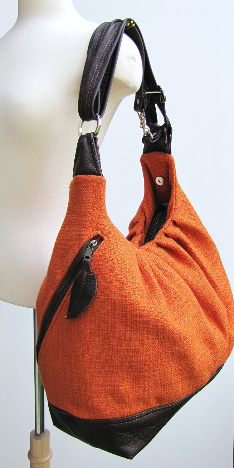 Extra Large Orange Canvas Convertible Backpack, Messenger, Tote, Diaper Bag With Leather Straps, Base, And Zipper Top Closure