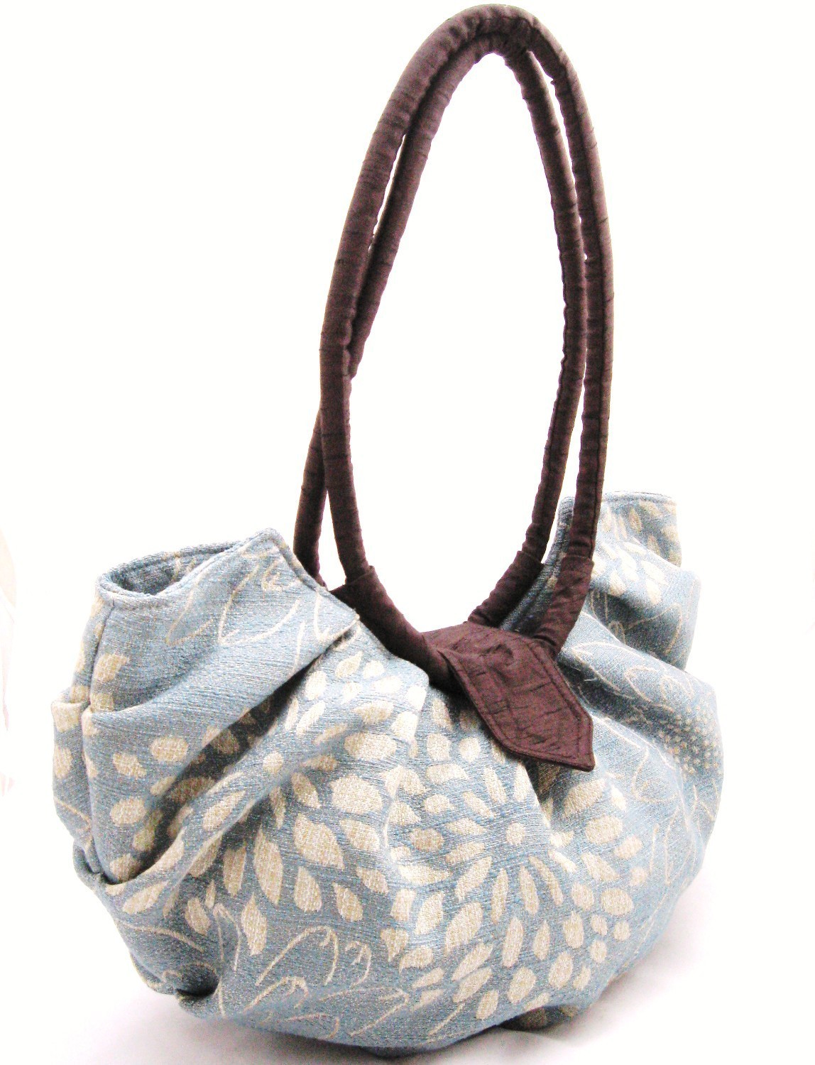 Large Blue Floral Canvas Purse, Pleated Hobo Bag - Blue Blossom