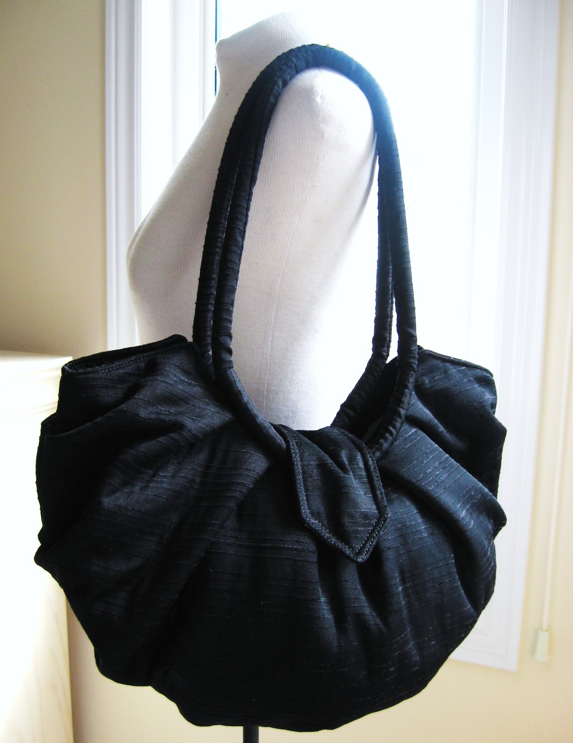 Large black cotton bag, hobo bag, classic black pleated style purse