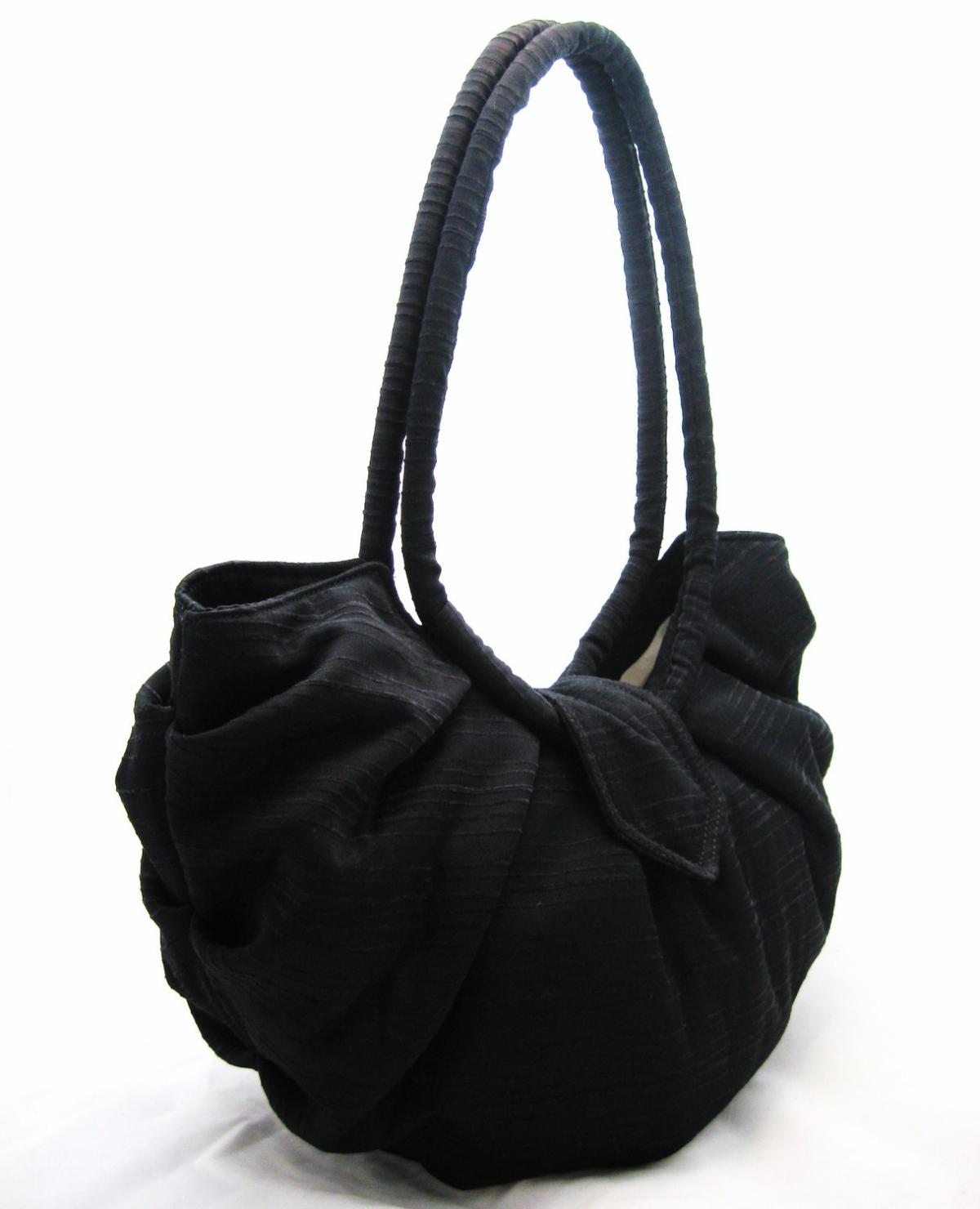 Large Black Cotton Bag, Hobo Bag, Classic Black Pleated Style Purse on
