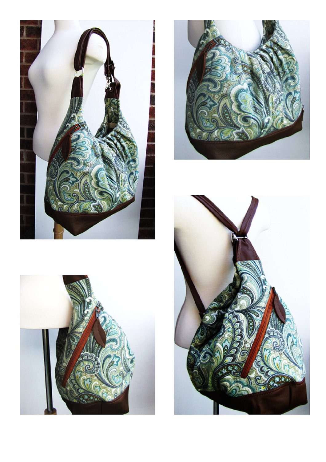 Green paisley canvas bag, extra large 3 ways convertible tote w/ leather straps, base, zipper top closure - Paisley
