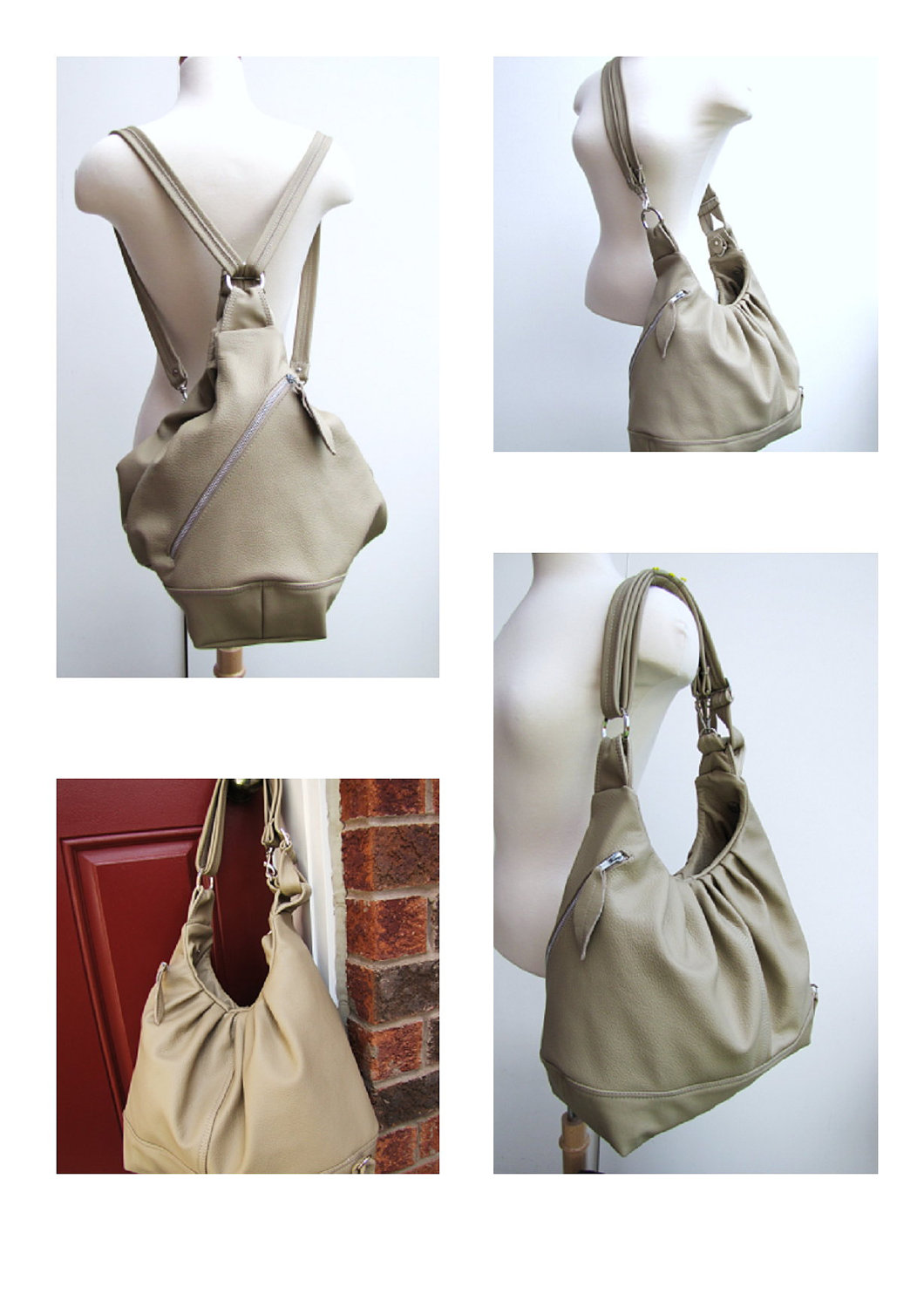 Large Leather Bag 3 Way Convertible Backpack Purse - Light Khaki on Luulla