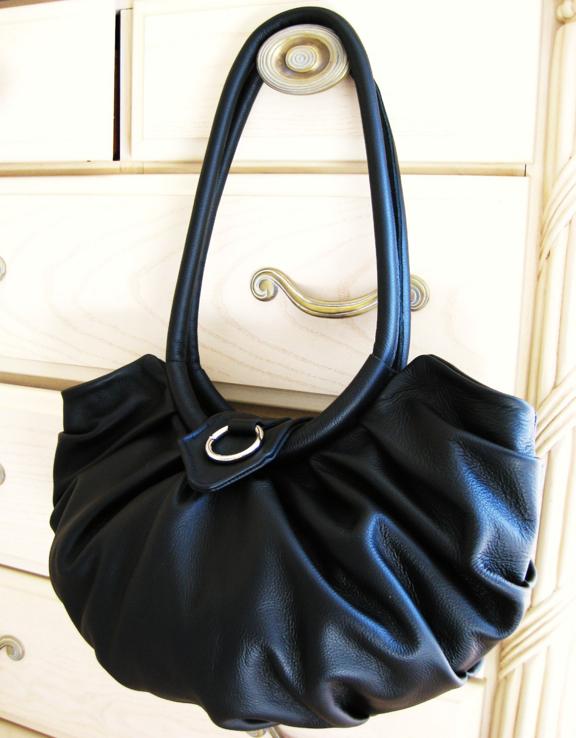 Black Leather Purse, Pleated Lotus Hobo Bag
