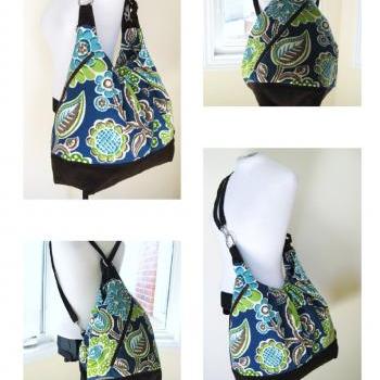 Blue Floral Canvas Bag With Leather Straps, Base, & Zipper Top Closure XL Convertible Backpack P ...