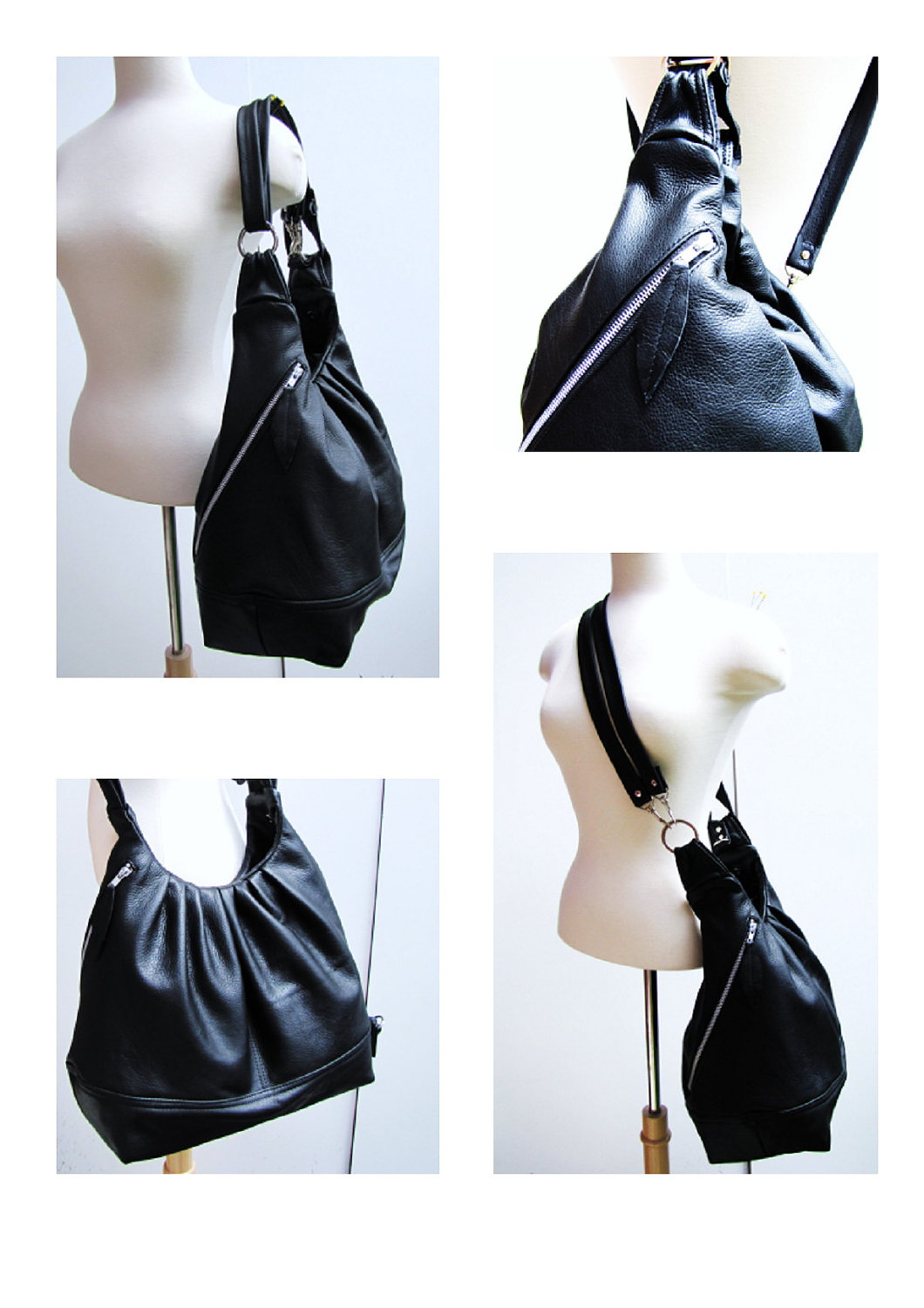 Black Leather Bag, Large 3 Way Bag, Convertible Purse, Women Packpack ...