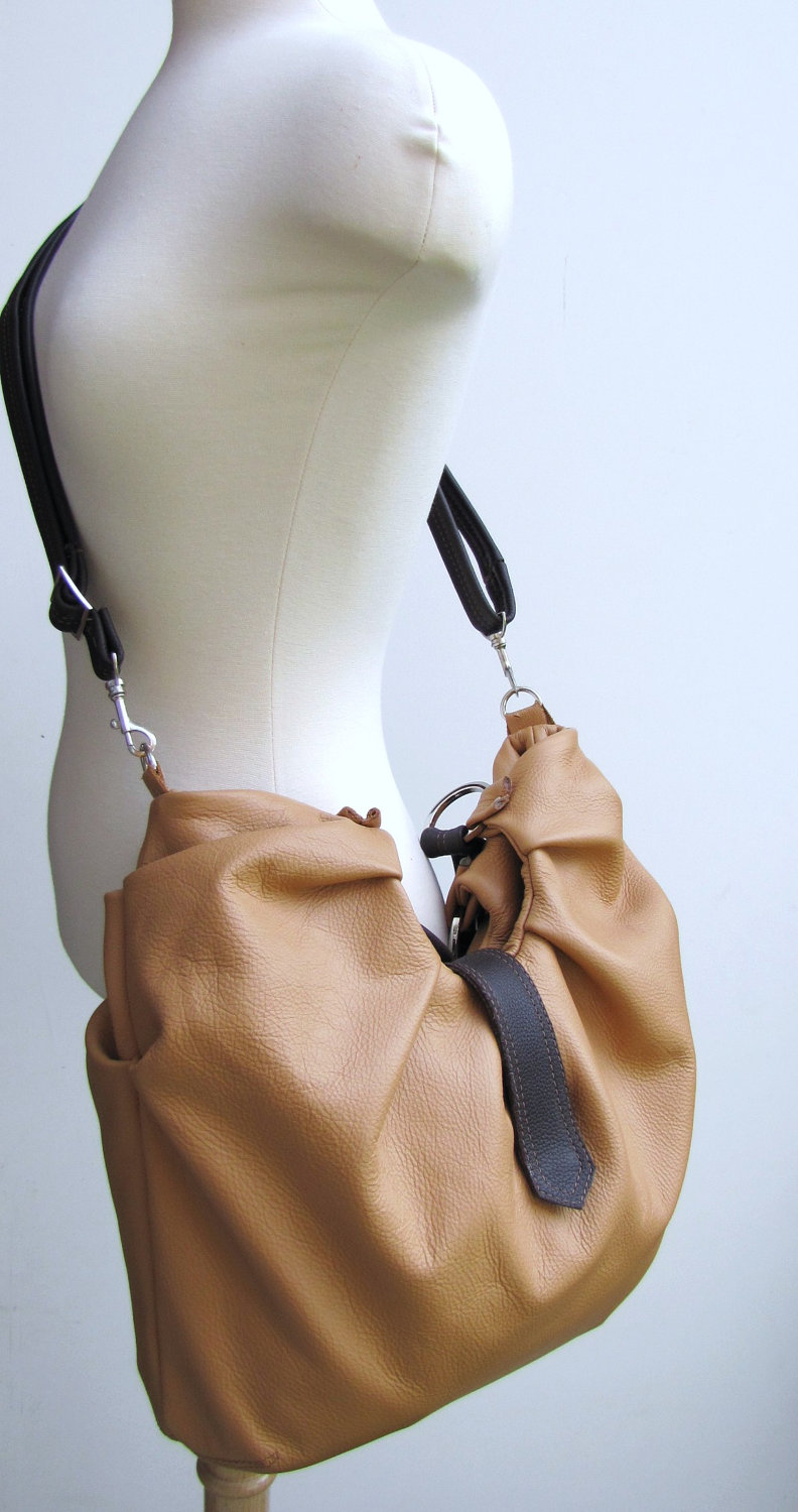 Large Leather Bag, Pleated, Convertible Purse - Vanilla & Chocolate on ...